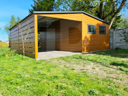 Garaż blaszany drewnopodobny z wiatą 6 x 6, Multigloss i grafit