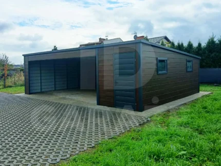 Garaż blaszany dwustanowiskowy 7 x 6 carport, orzech i grafit